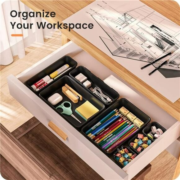22 Piece Black Plastic Drawer Organizer Set for Makeup Office Bathroom Storage - Picture 5 of 8